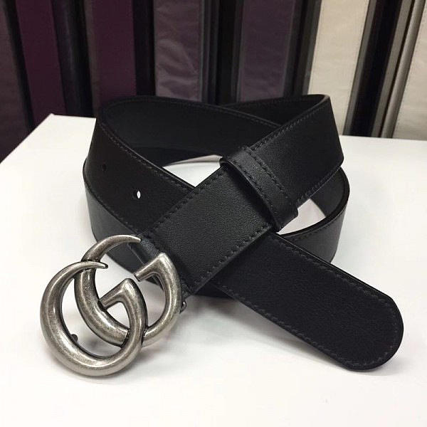 Gucci Double G Silver Buckle Textured Leather Belt Black - 1