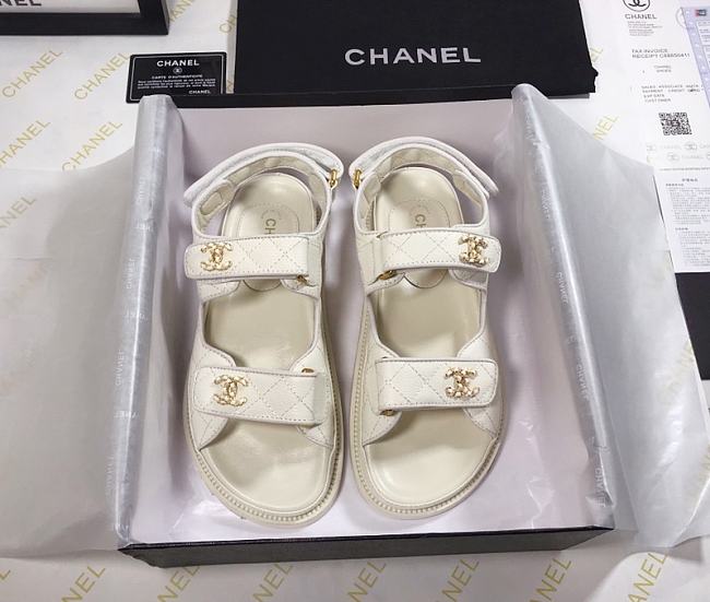 Chanel 21C Dad Sandal White Caviar Gold CC Logo - 1