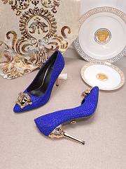 Versace La Medusa Attaching Gems Leather Pumps Blue - 6