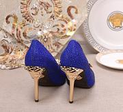 Versace La Medusa Attaching Gems Leather Pumps Blue - 5