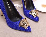 Versace La Medusa Attaching Gems Leather Pumps Blue - 3