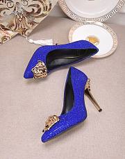 Versace La Medusa Attaching Gems Leather Pumps Blue - 4