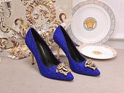 Versace La Medusa Attaching Gems Leather Pumps Blue - 2