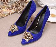 Versace La Medusa Attaching Gems Leather Pumps Blue - 1