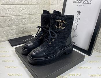 Chanel Premium Fabrics All Black Quilted Lace Up Boots Logo Toe Cap