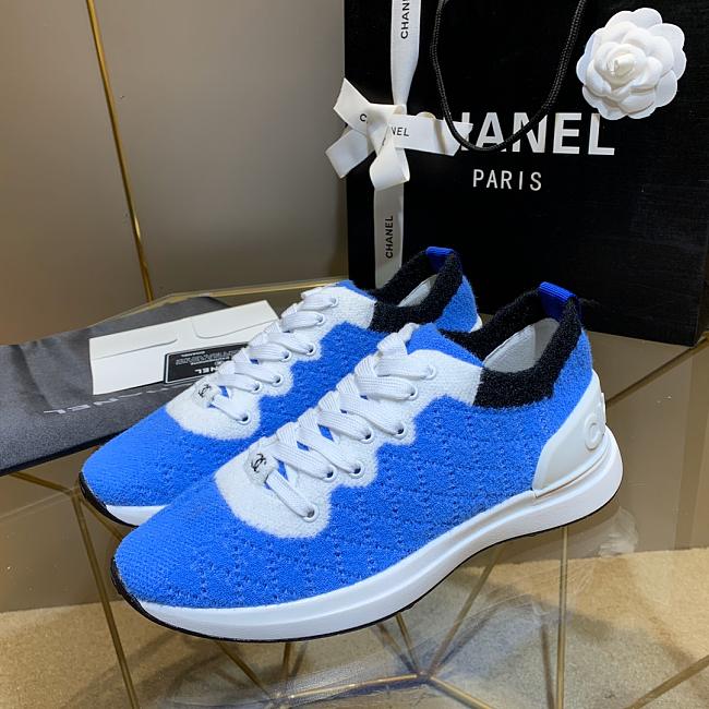 Chanel Blue White Knit Fur CC Low-Top Sneakers - 1