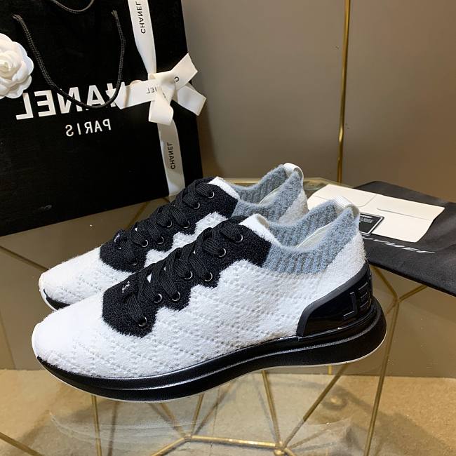 Chanel White Black Knit Fur CC Low-Top Sneakers - 1