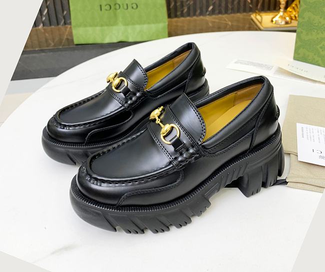 Gucci Leather Lug Sole Horsebit Loafer Black Shiny Leather 577236 DS800 1000 - 1