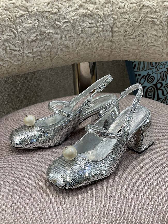 Miu Miu Sequined Slingback Pumps Silver - 1